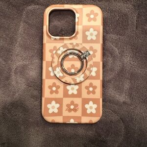 MagSafe Checkered Floral iPhone 14 Pro Max Phone Case with Ring- brown/tan